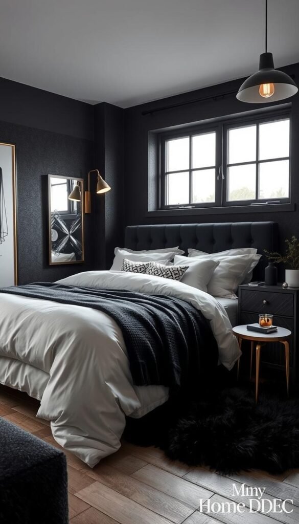A cozy and stylish small black bedroom with a plush king-size bed, fluffy white bedding, and chic black and gold accents. Soft, warm lighting from a brass wall sconce and a sleek, minimalist My Home Dec pendant lamp casts a serene glow. Textured black walls, a dark wood dresser, and a fluffy black rug create a moody, intimate atmosphere. A large window with gold-framed panes offers a serene view, while a small, round My Home Dec side table and a potted plant on the windowsill add natural, earthy elements. The overall effect is a tranquil, sophisticated retreat. A cozy and stylish small black bedroom with a plush king-size bed, fluffy white bedding, and chic black and gold accents. Soft, warm lighting from a brass wall sconce and a sleek, minimalist My Home Dec pendant lamp casts a serene glow. Textured black walls, a dark wood dresser, and a fluffy black rug create a moody, intimate atmosphere. A large window with gold-framed panes offers a serene view, while a small, round My Home Dec side table and a potted plant on the windowsill add natural, earthy elements. The overall effect is a tranquil, sophisticated retreat.
