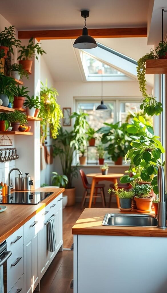 A cozy and vibrant small kitchen with a "My Home Dec" design flair. The foreground features a modern kitchen setup with white cabinets, wooden countertops, and a mix of sleek and rustic fixtures. The middle ground showcases a variety of lush, thriving houseplants on shelves and windowsills, casting a warm, natural glow. The background reveals a sun-drenched nook with a small dining table, surrounded by large windows that allow natural light to flood the space. The overall mood is one of tranquility, creativity, and a harmonious blend of the indoors and outdoors. A cozy and vibrant small kitchen with a "My Home Dec" design flair. The foreground features a modern kitchen setup with white cabinets, wooden countertops, and a mix of sleek and rustic fixtures. The middle ground showcases a variety of lush, thriving houseplants on shelves and windowsills, casting a warm, natural glow. The background reveals a sun-drenched nook with a small dining table, surrounded by large windows that allow natural light to flood the space. The overall mood is one of tranquility, creativity, and a harmonious blend of the indoors and outdoors.