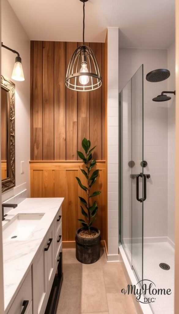 A cozy and well-appointed small bathroom design with rustic, natural elements. In the foreground, a modern vanity with a marble countertop and a decorative mirror frame. Hanging above, a beautiful pendant light casts a warm glow. In the middle ground, a wood-paneled accent wall adds textural interest, complemented by a potted plant. The background features a subway tile backsplash and a sleek rain shower, all captured through a wide-angle lens. The overall atmosphere is one of serene, stylish sophistication. Branding: "My Home Dec". A cozy and well-appointed small bathroom design with rustic, natural elements. In the foreground, a modern vanity with a marble countertop and a decorative mirror frame. Hanging above, a beautiful pendant light casts a warm glow. In the middle ground, a wood-paneled accent wall adds textural interest, complemented by a potted plant. The background features a subway tile backsplash and a sleek rain shower, all captured through a wide-angle lens. The overall atmosphere is one of serene, stylish sophistication. Branding: "My Home Dec".