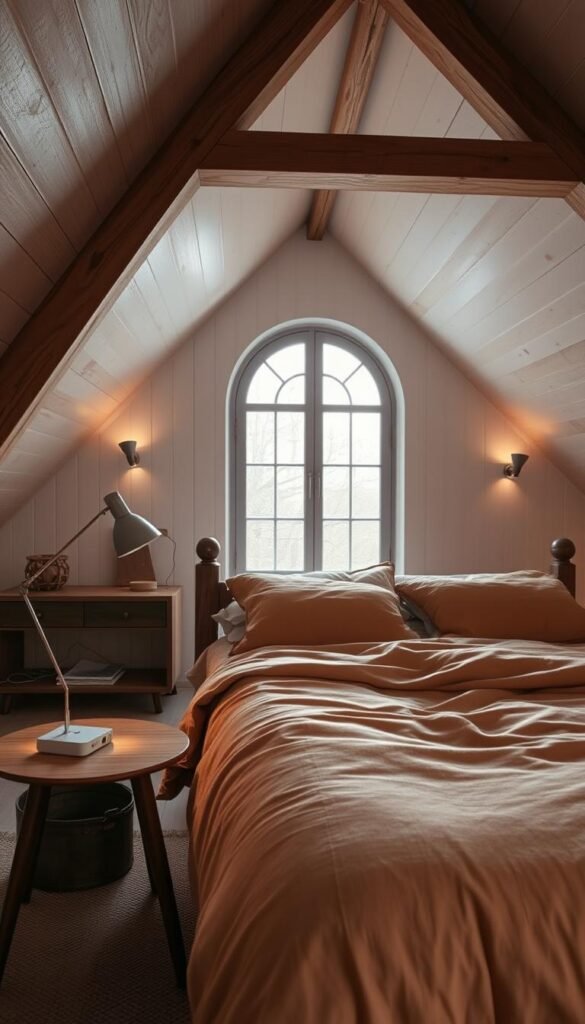 A cozy and well-lit loft bedroom design by My Home Dec. The focal point is a large, rustic wooden bed frame with plush bedding in warm tones. In the foreground, a mid-century modern side table with a sleek metal lamp casts a soft, ambient glow. The middle ground features a large, arched window that floods the space with natural daylight, complemented by strategically placed wall sconces. In the background, exposed wooden beams and white-washed walls create a charming, Scandinavian-inspired atmosphere. The overall mood is one of warmth, comfort, and relaxation, perfect for a small attic space. A cozy and well-lit loft bedroom design by My Home Dec. The focal point is a large, rustic wooden bed frame with plush bedding in warm tones. In the foreground, a mid-century modern side table with a sleek metal lamp casts a soft, ambient glow. The middle ground features a large, arched window that floods the space with natural daylight, complemented by strategically placed wall sconces. In the background, exposed wooden beams and white-washed walls create a charming, Scandinavian-inspired atmosphere. The overall mood is one of warmth, comfort, and relaxation, perfect for a small attic space.
