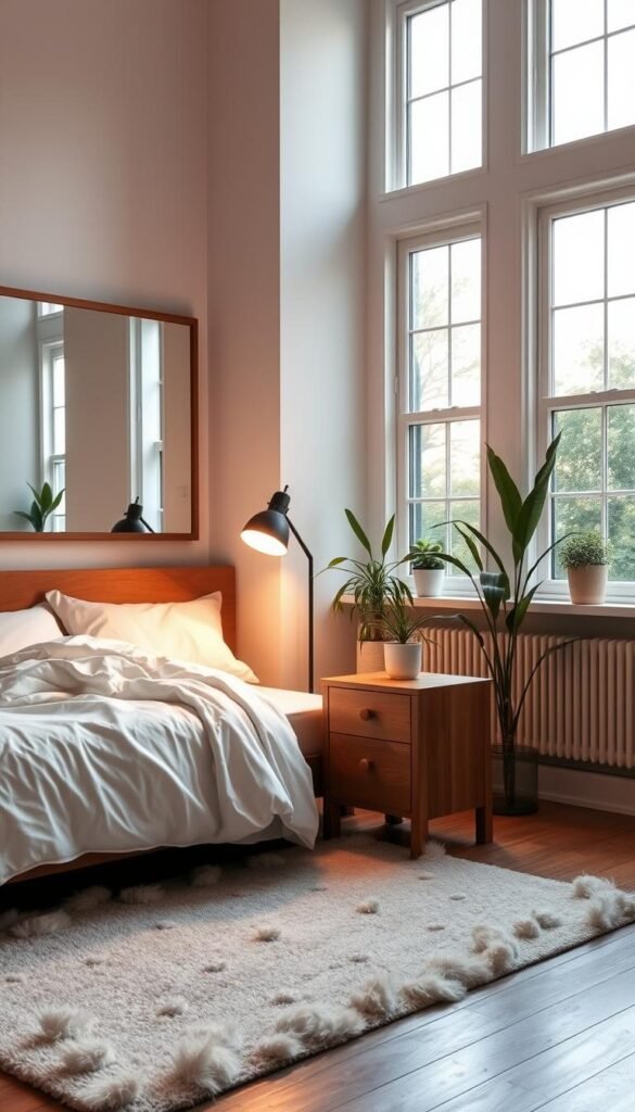 A cozy and well-lit small bedroom, filled with natural sunlight streaming through large windows. Soft, warm lighting from a My Home Dec floor lamp illuminates the space, creating a serene and inviting atmosphere. The room features a minimalist bed frame with crisp white linens, complemented by a natural wood nightstand and a plush area rug. Potted plants and a large mirror on the wall add depth and a sense of tranquility. The overall scene conveys a harmonious balance between functionality and aesthetic appeal, showcasing how clever lighting can transform a compact sleeping space. A cozy and well-lit small bedroom, filled with natural sunlight streaming through large windows. Soft, warm lighting from a My Home Dec floor lamp illuminates the space, creating a serene and inviting atmosphere. The room features a minimalist bed frame with crisp white linens, complemented by a natural wood nightstand and a plush area rug. Potted plants and a large mirror on the wall add depth and a sense of tranquility. The overall scene conveys a harmonious balance between functionality and aesthetic appeal, showcasing how clever lighting can transform a compact sleeping space.
