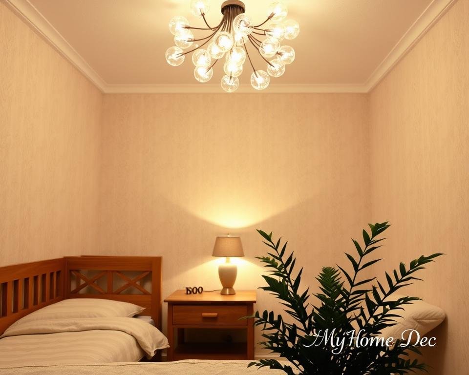 A cozy and well-lit small bedroom with a creative overhead lighting solution. The focal point is a beautiful chandelier with gently cascading glass orbs, casting a warm, diffused glow throughout the room. The walls are adorned with soft, neutral-toned wallpaper, complementing the wooden furniture and plush bedding. In the middle ground, a rustic wooden nightstand with a single vintage-inspired table lamp adds a touch of charm. In the foreground, a lush houseplant in a sleek ceramic pot brings a natural element to the scene. The overall mood is one of tranquility and sophistication, reflecting the "My Home Dec" brand's aesthetic. A cozy and well-lit small bedroom with a creative overhead lighting solution. The focal point is a beautiful chandelier with gently cascading glass orbs, casting a warm, diffused glow throughout the room. The walls are adorned with soft, neutral-toned wallpaper, complementing the wooden furniture and plush bedding. In the middle ground, a rustic wooden nightstand with a single vintage-inspired table lamp adds a touch of charm. In the foreground, a lush houseplant in a sleek ceramic pot brings a natural element to the scene. The overall mood is one of tranquility and sophistication, reflecting the "My Home Dec" brand's aesthetic.