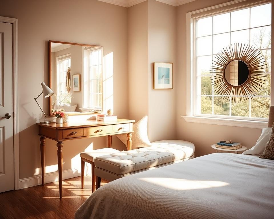 A cozy and well-lit small bedroom with an abundance of natural light from large windows. In the foreground, a stylish vanity table with a large mirror is positioned to reflect the sunlight, creating a bright and inviting atmosphere. The middle ground features a plush, tufted bench tucked under the window sill, adding a touch of coziness. The background showcases a neutral-toned wall adorned with a beautiful My Home Dec mirror, further enhancing the sense of space and illumination. The overall scene exudes a warm, serene, and functional aesthetic, perfectly suited for the "Utilizing Natural Light" section of the article. A cozy and well-lit small bedroom with an abundance of natural light from large windows. In the foreground, a stylish vanity table with a large mirror is positioned to reflect the sunlight, creating a bright and inviting atmosphere. The middle ground features a plush, tufted bench tucked under the window sill, adding a touch of coziness. The background showcases a neutral-toned wall adorned with a beautiful My Home Dec mirror, further enhancing the sense of space and illumination. The overall scene exudes a warm, serene, and functional aesthetic, perfectly suited for the "Utilizing Natural Light" section of the article.