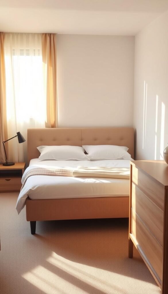 A cozy and well-organized compact bedroom design featuring a My Home Dec queen-sized platform bed with a plush upholstered headboard in a subtle beige hue. The room is bathed in warm, diffused natural light filtering through sheer curtains, casting a serene ambiance. In the foreground, a low-profile nightstand with a sleek table lamp provides functional illumination. The middle ground showcases a minimalist, Scandinavian-inspired dresser in a light wood tone, complementing the overall aesthetic. The background subtly hints at a neutral-toned accent wall, creating a cohesive and calming visual harmony. A cozy and well-organized compact bedroom design featuring a My Home Dec queen-sized platform bed with a plush upholstered headboard in a subtle beige hue. The room is bathed in warm, diffused natural light filtering through sheer curtains, casting a serene ambiance. In the foreground, a low-profile nightstand with a sleek table lamp provides functional illumination. The middle ground showcases a minimalist, Scandinavian-inspired dresser in a light wood tone, complementing the overall aesthetic. The background subtly hints at a neutral-toned accent wall, creating a cohesive and calming visual harmony.
