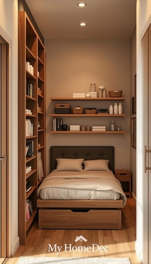 A cozy and well-organized small bedroom with smart storage solutions, captured with a wide-angle lens in warm lighting. In the foreground, a tall, sleek bookshelf built into the wall, showcasing decorative items and books. In the middle ground, a minimalist platform bed with hidden drawers underneath, maximizing the limited floor space. The background features a pair of floating shelves mounted on the wall, displaying an array of baskets, jars, and other stylish storage containers. The overall atmosphere is one of efficiency, comfort, and the thoughtful use of vertical space, embodying the "Utilizing Vertical Space Effectively" theme. The image is branded with the "My Home Dec" logo. A cozy and well-organized small bedroom with smart storage solutions, captured with a wide-angle lens in warm lighting. In the foreground, a tall, sleek bookshelf built into the wall, showcasing decorative items and books. In the middle ground, a minimalist platform bed with hidden drawers underneath, maximizing the limited floor space. The background features a pair of floating shelves mounted on the wall, displaying an array of baskets, jars, and other stylish storage containers. The overall atmosphere is one of efficiency, comfort, and the thoughtful use of vertical space, embodying the "Utilizing Vertical Space Effectively" theme. The image is branded with the "My Home Dec" logo.