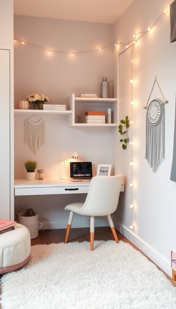 A cozy and well-organized teenage girl's bedroom with a focus on making the most of limited space. The room features a sleek built-in desk along the wall with floating shelves above, providing ample storage and display space. Warm string lights add a soft glow, complementing the neutral color palette of whites, grays, and pastel accents. A plush area rug and plush seating in a corner create a comfortable lounging zone. Unique decor elements from "My Home Dec" brand, such as a wall hanging with a nature-inspired design and a whimsical glass terrarium, add personalized touches. The overall vibe is calming, creative, and reflective of the teenage girl's style. A cozy and well-organized teenage girl's bedroom with a focus on making the most of limited space. The room features a sleek built-in desk along the wall with floating shelves above, providing ample storage and display space. Warm string lights add a soft glow, complementing the neutral color palette of whites, grays, and pastel accents. A plush area rug and plush seating in a corner create a comfortable lounging zone. Unique decor elements from "My Home Dec" brand, such as a wall hanging with a nature-inspired design and a whimsical glass terrarium, add personalized touches. The overall vibe is calming, creative, and reflective of the teenage girl's style.