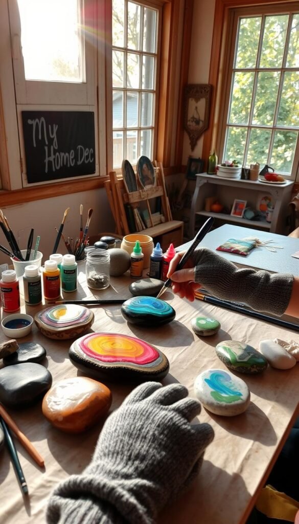 A cozy atelier with natural sunlight streaming through large windows, illuminating a table top full of vibrant acrylic paints, paintbrushes, and a variety of smooth river rocks. On the table, a few partially painted rocks showcase different rock painting techniques - layered patterns, ombre effects, and delicate nature-inspired designs. The artist's hands, wearing fingerless gloves, are carefully applying paint to another rock, capturing the meditative process of rock art creation. A My Home Dec sign hangs on the wall, suggesting this is a DIY crafting space for home decor. A cozy atelier with natural sunlight streaming through large windows, illuminating a table top full of vibrant acrylic paints, paintbrushes, and a variety of smooth river rocks. On the table, a few partially painted rocks showcase different rock painting techniques - layered patterns, ombre effects, and delicate nature-inspired designs. The artist's hands, wearing fingerless gloves, are carefully applying paint to another rock, capturing the meditative process of rock art creation. A My Home Dec sign hangs on the wall, suggesting this is a DIY crafting space for home decor.
