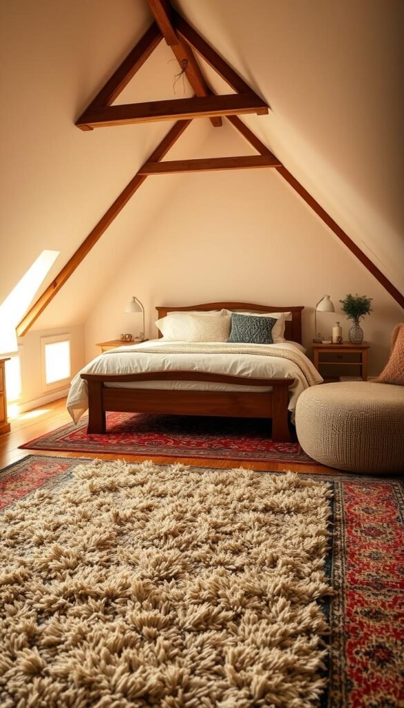 A cozy attic bedroom bathed in warm, soft lighting. In the foreground, a plush, layered rug anchors the space, its textures and patterns adding depth and visual interest. Surrounding it, a mix of patterned and solid-colored rugs in complementary hues create a cohesive, inviting atmosphere. The middle ground features a wooden-framed bed dressed in crisp, white linens and an array of plush, throw pillows. Overhead, the slanted ceiling and exposed beams lend an intimate, rustic charm. Hints of greenery and subtle, decorative accents complete the "My Home Dec" aesthetic, cultivating a serene, sanctuary-like ambiance. A cozy attic bedroom bathed in warm, soft lighting. In the foreground, a plush, layered rug anchors the space, its textures and patterns adding depth and visual interest. Surrounding it, a mix of patterned and solid-colored rugs in complementary hues create a cohesive, inviting atmosphere. The middle ground features a wooden-framed bed dressed in crisp, white linens and an array of plush, throw pillows. Overhead, the slanted ceiling and exposed beams lend an intimate, rustic charm. Hints of greenery and subtle, decorative accents complete the "My Home Dec" aesthetic, cultivating a serene, sanctuary-like ambiance.