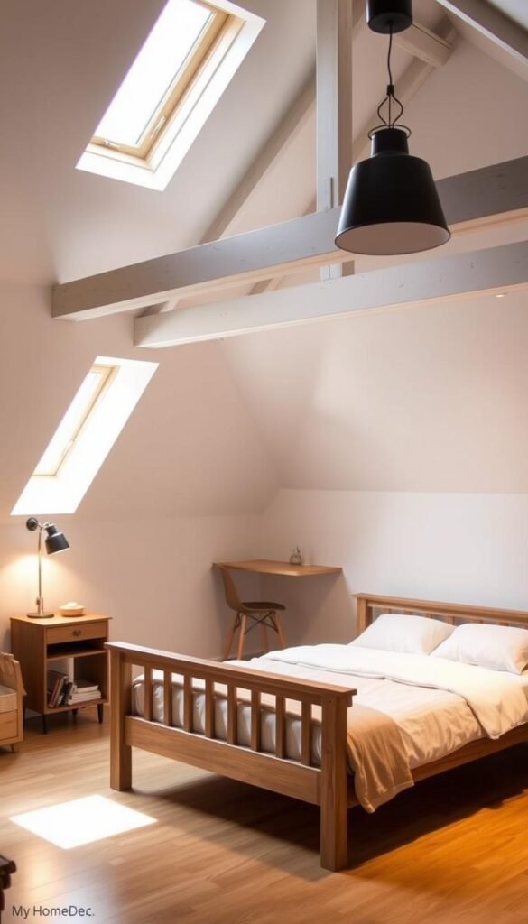 A cozy attic bedroom designed on a budget, showcasing DIY projects that maximize space. A warm lighting scheme casts a soft glow, illuminating the clean-lined, rustic-inspired furnishings. A minimalist wooden bed frame anchors the foreground, accompanied by a stylish nightstand and a quaint reading nook by the window. The middle ground features a compact, functional workspace with a sleek, floating desk and a natural-toned chair. The background reveals whitewashed exposed beams and a charming dormer window, creating an airy, serene atmosphere. This "My Home Dec" attic bedroom design demonstrates budget-friendly transformations that enhance small spaces. A cozy attic bedroom designed on a budget, showcasing DIY projects that maximize space. A warm lighting scheme casts a soft glow, illuminating the clean-lined, rustic-inspired furnishings. A minimalist wooden bed frame anchors the foreground, accompanied by a stylish nightstand and a quaint reading nook by the window. The middle ground features a compact, functional workspace with a sleek, floating desk and a natural-toned chair. The background reveals whitewashed exposed beams and a charming dormer window, creating an airy, serene atmosphere. This "My Home Dec" attic bedroom design demonstrates budget-friendly transformations that enhance small spaces.