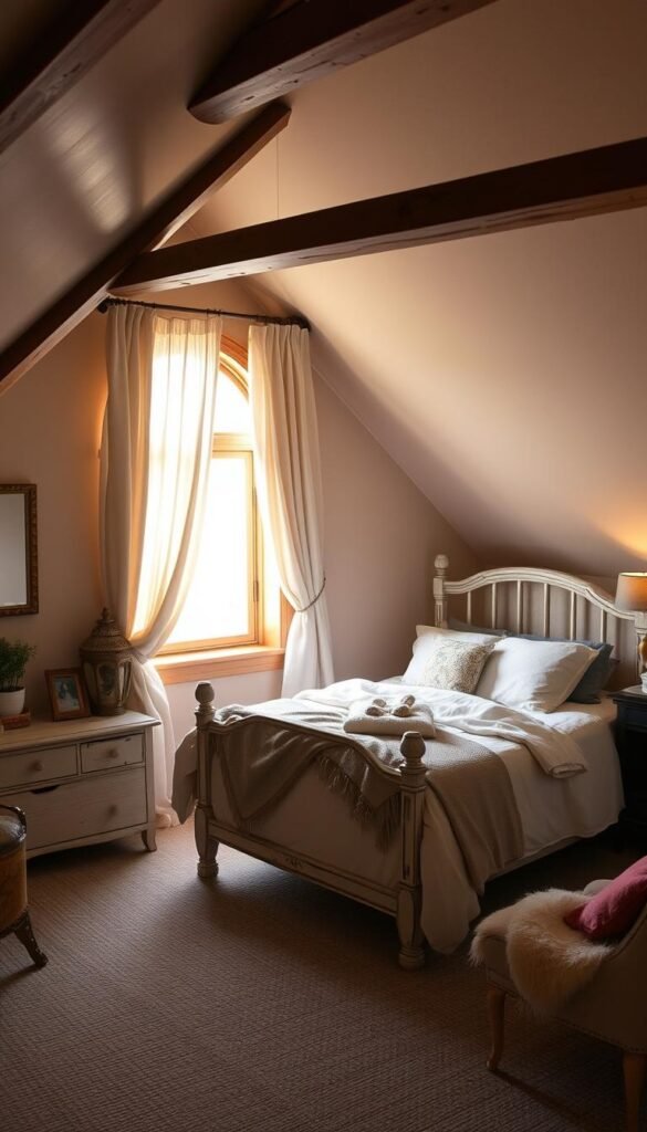 A cozy attic bedroom with a charming window nook, draped in soft, flowing curtains that filter the warm, natural light. The space features a rustic, whitewashed wooden bed frame, adorned with plush bedding and plush throws. Vintage-inspired side tables and a small writing desk complete the scene, creating a serene and inviting retreat. Overhead, exposed beams and a slanted ceiling add to the intimate ambiance. Lighting is a combination of soft, natural illumination and gentle, decorative lamps that cast a warm glow. This "My Home Dec" attic bedroom decor showcases the perfect window treatments to capture the mood of a cozy, peaceful sanctuary. A cozy attic bedroom with a charming window nook, draped in soft, flowing curtains that filter the warm, natural light. The space features a rustic, whitewashed wooden bed frame, adorned with plush bedding and plush throws. Vintage-inspired side tables and a small writing desk complete the scene, creating a serene and inviting retreat. Overhead, exposed beams and a slanted ceiling add to the intimate ambiance. Lighting is a combination of soft, natural illumination and gentle, decorative lamps that cast a warm glow. This "My Home Dec" attic bedroom decor showcases the perfect window treatments to capture the mood of a cozy, peaceful sanctuary.