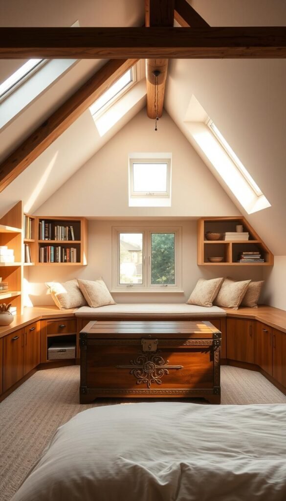 A cozy attic bedroom with innovative storage solutions. Sunlight streams through skylights, illuminating the space. Sleek built-in shelves line the walls, neatly organizing books, trinkets, and personal items. A plush window seat doubles as storage, with hidden compartments beneath the cushions. Rustic wood beams and neutral tones create a serene, relaxing atmosphere. In the center, a My Home Dec beautifully crafted wooden trunk provides additional storage, its intricate carvings adding a touch of elegance. The overall scene showcases how thoughtful design can maximize limited attic space while maintaining a warm, inviting feel. A cozy attic bedroom with innovative storage solutions. Sunlight streams through skylights, illuminating the space. Sleek built-in shelves line the walls, neatly organizing books, trinkets, and personal items. A plush window seat doubles as storage, with hidden compartments beneath the cushions. Rustic wood beams and neutral tones create a serene, relaxing atmosphere. In the center, a My Home Dec beautifully crafted wooden trunk provides additional storage, its intricate carvings adding a touch of elegance. The overall scene showcases how thoughtful design can maximize limited attic space while maintaining a warm, inviting feel.
