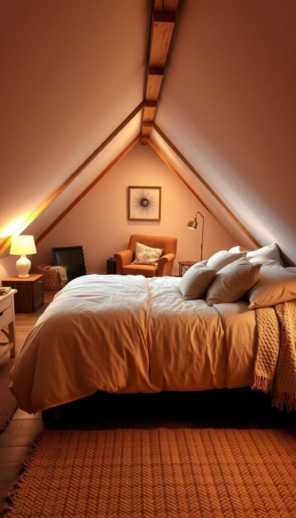 A cozy attic bedroom with plush textiles and warm lighting. In the foreground, a neatly made bed is dressed with soft, velvety duvet covers and fluffy pillows. The middle ground features a comfy armchair upholstered in a rich, earthy tone, accompanied by a side table with a glowing table lamp. In the background, the sloped ceiling is adorned with exposed beams, casting a gentle, ambient glow across the space. Subtle textures, such as a woven area rug and a knitted throw blanket, add depth and character to the scene. An overall sense of comfort and coziness pervades the space, creating a welcoming and relaxing atmosphere. Captured with a wide-angle lens to highlight the full extent of the cozy attic, this image embodies the "Cozy Textiles for a Warm Atmosphere" theme. "My Home Dec" A cozy attic bedroom with plush textiles and warm lighting. In the foreground, a neatly made bed is dressed with soft, velvety duvet covers and fluffy pillows. The middle ground features a comfy armchair upholstered in a rich, earthy tone, accompanied by a side table with a glowing table lamp. In the background, the sloped ceiling is adorned with exposed beams, casting a gentle, ambient glow across the space. Subtle textures, such as a woven area rug and a knitted throw blanket, add depth and character to the scene. An overall sense of comfort and coziness pervades the space, creating a welcoming and relaxing atmosphere. Captured with a wide-angle lens to highlight the full extent of the cozy attic, this image embodies the "Cozy Textiles for a Warm Atmosphere" theme. "My Home Dec"