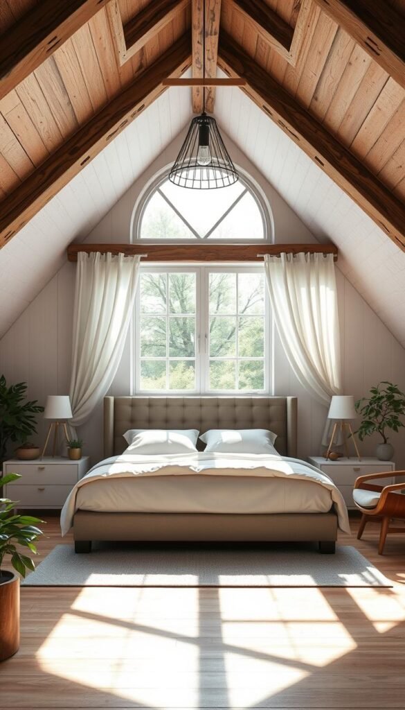 A cozy attic bedroom with rustic charm and modern sophistication. Sunlight streams through a large, arched window, casting a warm glow over the space. A plush, tufted headboard anchors the spacious bed, which is flanked by sleek, minimalist nightstands. Sheer curtains billow softly, adding a touch of elegance. Exposed wooden beams and white-washed walls create a serene, Scandinavian-inspired ambiance. Mid-century modern accents, such as a chic pendant light and a vintage armchair, complement the space. Lush greenery and a cozy reading nook complete the "My Home Dec" oasis of tranquility. A cozy attic bedroom with rustic charm and modern sophistication. Sunlight streams through a large, arched window, casting a warm glow over the space. A plush, tufted headboard anchors the spacious bed, which is flanked by sleek, minimalist nightstands. Sheer curtains billow softly, adding a touch of elegance. Exposed wooden beams and white-washed walls create a serene, Scandinavian-inspired ambiance. Mid-century modern accents, such as a chic pendant light and a vintage armchair, complement the space. Lush greenery and a cozy reading nook complete the "My Home Dec" oasis of tranquility.