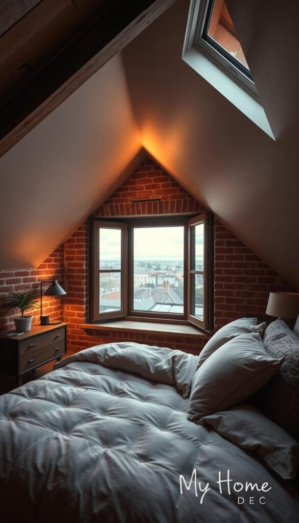 A cozy attic bedroom with warm, soft lighting filtering through a skylight, casting a gentle glow on the rustic wooden beams and exposed brick walls. In the foreground, a plush king-sized bed is adorned with layers of comfortable, muted-toned bedding and plush pillows, inviting the viewer to sink in. Beside the bed, a stylish mid-century modern nightstand holds a single potted plant and a vintage table lamp. In the middle ground, a large window offers picturesque views of the rooftops and sky outside, creating a sense of tranquility. The overall mood is one of intimate, understated elegance, perfect for a relaxing retreat. Signature: My Home Dec. A cozy attic bedroom with warm, soft lighting filtering through a skylight, casting a gentle glow on the rustic wooden beams and exposed brick walls. In the foreground, a plush king-sized bed is adorned with layers of comfortable, muted-toned bedding and plush pillows, inviting the viewer to sink in. Beside the bed, a stylish mid-century modern nightstand holds a single potted plant and a vintage table lamp. In the middle ground, a large window offers picturesque views of the rooftops and sky outside, creating a sense of tranquility. The overall mood is one of intimate, understated elegance, perfect for a relaxing retreat. Signature: My Home Dec.