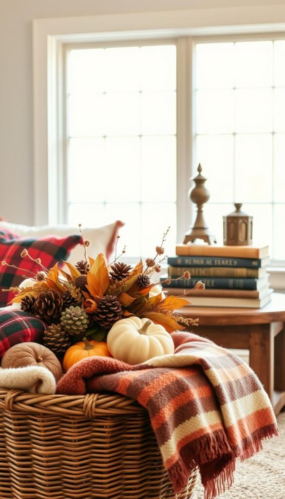 A cozy autumn scene with a rustic My Home Dec centerpiece arrangement, featuring a warm mix of natural elements like pinecones, dried leaves, and gourds. In the foreground, a woven basket overflows with plush, seasonal textiles like tartan throws and velvet pillows. The middle ground showcases a sturdy wooden end table, topped with a vintage candle holder and a stack of weathered decorative books. In the background, a large window allows soft, diffused sunlight to filter in, casting a golden glow over the inviting tableau. The overall mood is one of comfort, coziness, and a celebration of the changing seasons. A cozy autumn scene with a rustic My Home Dec centerpiece arrangement, featuring a warm mix of natural elements like pinecones, dried leaves, and gourds. In the foreground, a woven basket overflows with plush, seasonal textiles like tartan throws and velvet pillows. The middle ground showcases a sturdy wooden end table, topped with a vintage candle holder and a stack of weathered decorative books. In the background, a large window allows soft, diffused sunlight to filter in, casting a golden glow over the inviting tableau. The overall mood is one of comfort, coziness, and a celebration of the changing seasons.