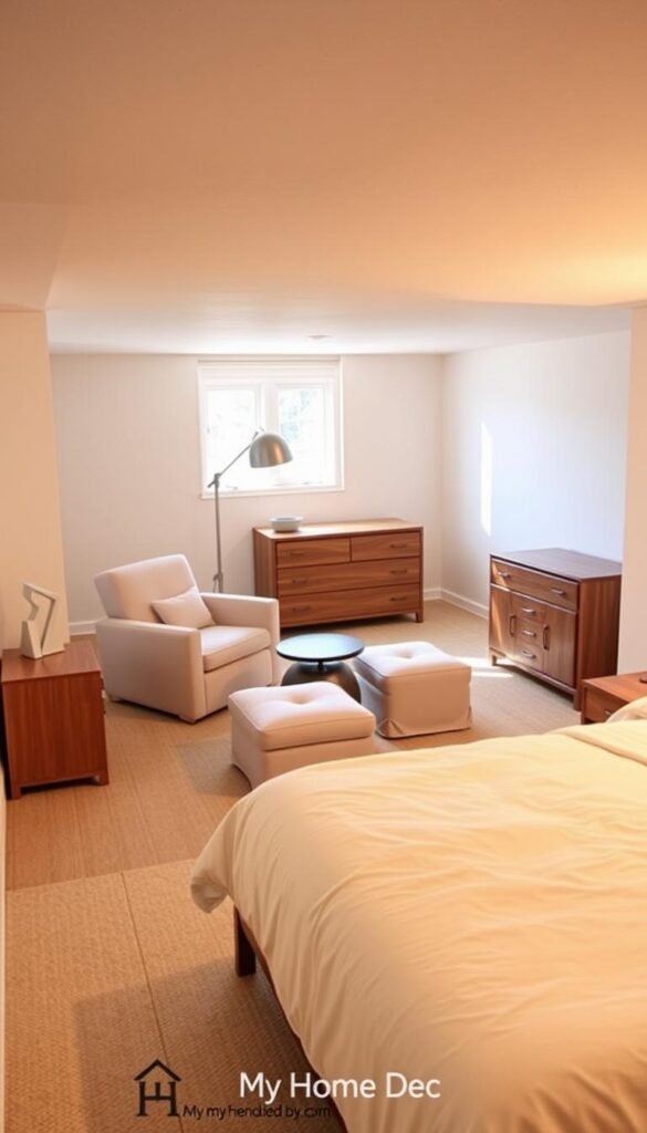 A cozy basement bedroom with a thoughtful furniture arrangement that optimizes flow and functionality. In the foreground, a plush queen-sized bed with crisp, white linens takes center stage. Flanking the bed, a pair of sleek, minimalist nightstands in a warm wood tone. In the middle ground, a comfortable armchair and matching ottoman in a soft, neutral fabric create a cozy reading nook. Overhead, a modern, adjustable floor lamp casts a gentle glow. In the background, a spacious dresser in a complementary wood finish provides ample storage. The entire scene is bathed in warm, natural lighting, creating a serene and inviting atmosphere. Designed by "My Home Dec", this layout maximizes the limited space while promoting a calming and effortless flow. Prompt A cozy basement bedroom with a thoughtful furniture arrangement that optimizes flow and functionality. In the foreground, a plush queen-sized bed with crisp, white linens takes center stage. Flanking the bed, a pair of sleek, minimalist nightstands in a warm wood tone. In the middle ground, a comfortable armchair and matching ottoman in a soft, neutral fabric create a cozy reading nook. Overhead, a modern, adjustable floor lamp casts a gentle glow. In the background, a spacious dresser in a complementary wood finish provides ample storage. The entire scene is bathed in warm, natural lighting, creating a serene and inviting atmosphere. Designed by "My Home Dec", this layout maximizes the limited space while promoting a calming and effortless flow. Prompt