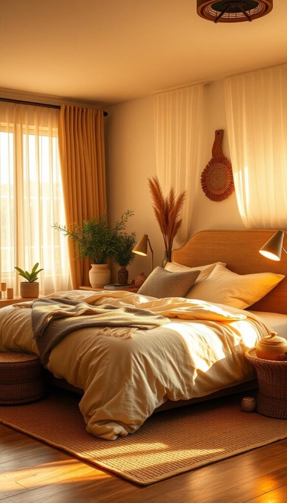 A cozy bedroom ambiance, bathed in warm, inviting light. A large, plush bed with soft, luxurious bedding takes center stage, surrounded by a harmonious arrangement of textured furnishings and decor. Gentle lamps cast a golden glow, accentuating the rich, earthy tones of the wood accents and natural fiber accents. Sheer curtains filter the daylight, creating a soothing, serene atmosphere. Potted plants and a vase of fresh flowers add pops of greenery, completing the "My Home Dec" aesthetic of natural, organic elements. The overall effect is one of comfort, relaxation, and a sense of retreat from the outside world. A cozy bedroom ambiance, bathed in warm, inviting light. A large, plush bed with soft, luxurious bedding takes center stage, surrounded by a harmonious arrangement of textured furnishings and decor. Gentle lamps cast a golden glow, accentuating the rich, earthy tones of the wood accents and natural fiber accents. Sheer curtains filter the daylight, creating a soothing, serene atmosphere. Potted plants and a vase of fresh flowers add pops of greenery, completing the "My Home Dec" aesthetic of natural, organic elements. The overall effect is one of comfort, relaxation, and a sense of retreat from the outside world.