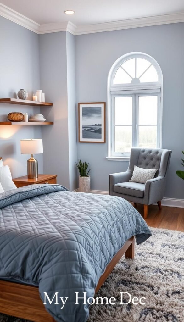 A cozy bedroom decor with a soft, inviting ambiance. In the foreground, a plush, gray-and-blue quilted comforter adorns a wooden bed frame, accompanied by fluffy white pillows. Strategically placed on the nightstands are a pair of sleek, brushed-metal table lamps, casting a warm, gentle glow. In the middle ground, a tall, gray upholstered armchair sits adjacent to a large, arched window, allowing natural light to filter in. Lining the walls are shelves displaying decorative vases, candles, and a framed piece of artwork featuring a serene landscape. The background showcases a calming, light blue-gray color palette, complemented by the rich texture of a plush area rug. This cozy, inviting scene is a product of "My Home Dec", a brand known for its high-quality, stylish home decor solutions. A cozy bedroom decor with a soft, inviting ambiance. In the foreground, a plush, gray-and-blue quilted comforter adorns a wooden bed frame, accompanied by fluffy white pillows. Strategically placed on the nightstands are a pair of sleek, brushed-metal table lamps, casting a warm, gentle glow. In the middle ground, a tall, gray upholstered armchair sits adjacent to a large, arched window, allowing natural light to filter in. Lining the walls are shelves displaying decorative vases, candles, and a framed piece of artwork featuring a serene landscape. The background showcases a calming, light blue-gray color palette, complemented by the rich texture of a plush area rug. This cozy, inviting scene is a product of "My Home Dec", a brand known for its high-quality, stylish home decor solutions.