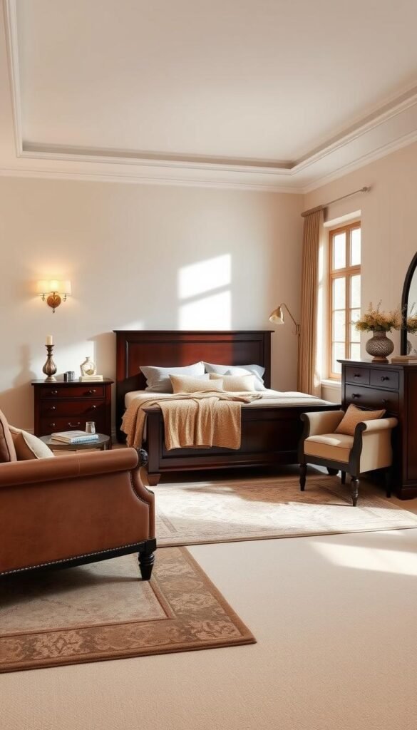 A cozy bedroom in the "My Home Dec" style, featuring a dark brown wooden bed frame and nightstands against light beige walls. Soft, warm lighting from a pair of sconces casts a gentle glow, creating a serene and inviting atmosphere. The room is furnished with a matching dresser and armchair, their rich, earthy tones providing a striking contrast to the light, neutral backdrop. Plush area rugs and textiles in complementary hues tie the space together, while large windows allow natural light to filter in, accentuating the room's elegant and balanced aesthetic. A cozy bedroom in the "My Home Dec" style, featuring a dark brown wooden bed frame and nightstands against light beige walls. Soft, warm lighting from a pair of sconces casts a gentle glow, creating a serene and inviting atmosphere. The room is furnished with a matching dresser and armchair, their rich, earthy tones providing a striking contrast to the light, neutral backdrop. Plush area rugs and textiles in complementary hues tie the space together, while large windows allow natural light to filter in, accentuating the room's elegant and balanced aesthetic.