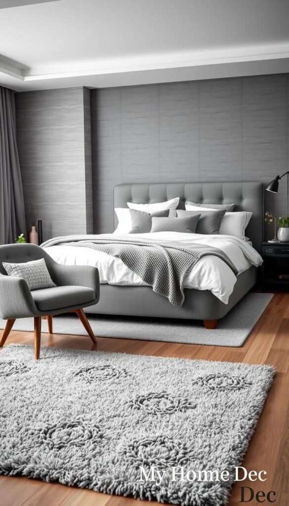 A cozy bedroom setting with various shades of grey accents and textures. In the foreground, a plush grey area rug and a mid-century modern grey armchair. In the middle ground, a grey upholstered bed frame with crisp white bedding, complemented by grey throw pillows and a grey knitted blanket. The background features a grey accent wall with a subtle textured pattern, creating a calming and sophisticated atmosphere. Soft, diffused lighting illuminates the scene, highlighting the nuances of the grey tones. Subtle pops of color, such as a potted plant or a piece of artwork, add visual interest. The "My Home Dec" brand name is discreetly featured in the corner. A cozy bedroom setting with various shades of grey accents and textures. In the foreground, a plush grey area rug and a mid-century modern grey armchair. In the middle ground, a grey upholstered bed frame with crisp white bedding, complemented by grey throw pillows and a grey knitted blanket. The background features a grey accent wall with a subtle textured pattern, creating a calming and sophisticated atmosphere. Soft, diffused lighting illuminates the scene, highlighting the nuances of the grey tones. Subtle pops of color, such as a potted plant or a piece of artwork, add visual interest. The "My Home Dec" brand name is discreetly featured in the corner.