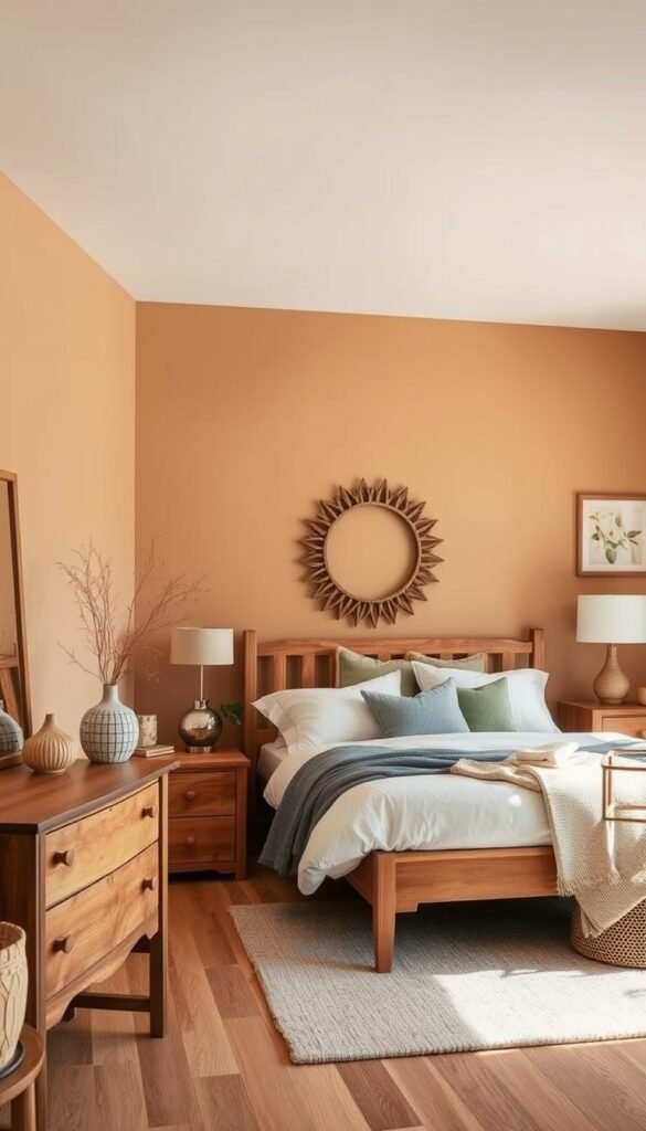 A cozy bedroom with a carefully curated color palette, captured in a warm, natural lighting. The walls are painted in a soft, earthy tone, complemented by a harmonious blend of hues, from subtle neutrals to rich, jewel-toned accents. Wooden furniture and textiles in complementary shades create a cohesive, inviting atmosphere, perfect for relaxation. This image, brought to life by the My Home Dec brand, showcases a versatile and on-trend color scheme suitable for any modern bedroom space. A cozy bedroom with a carefully curated color palette, captured in a warm, natural lighting. The walls are painted in a soft, earthy tone, complemented by a harmonious blend of hues, from subtle neutrals to rich, jewel-toned accents. Wooden furniture and textiles in complementary shades create a cohesive, inviting atmosphere, perfect for relaxation. This image, brought to life by the My Home Dec brand, showcases a versatile and on-trend color scheme suitable for any modern bedroom space.