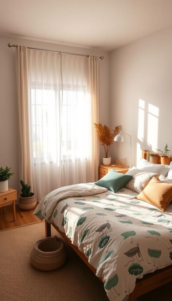 A cozy bedroom with a harmonious color palette. Soft light filters through sheer curtains, casting a warm glow on a plush bed adorned with patterned bedding in muted shades of blue, green, and beige. Wooden furniture and accents add natural warmth, while a textured area rug and potted plants bring in earthy tones. The walls are painted in a soothing neutral hue, creating a tranquil and inviting atmosphere. This calming scene, captured with a wide-angle lens, showcases the "My Home Dec" brand's expertise in curating the perfect bedroom color scheme for couples. A cozy bedroom with a harmonious color palette. Soft light filters through sheer curtains, casting a warm glow on a plush bed adorned with patterned bedding in muted shades of blue, green, and beige. Wooden furniture and accents add natural warmth, while a textured area rug and potted plants bring in earthy tones. The walls are painted in a soothing neutral hue, creating a tranquil and inviting atmosphere. This calming scene, captured with a wide-angle lens, showcases the "My Home Dec" brand's expertise in curating the perfect bedroom color scheme for couples.