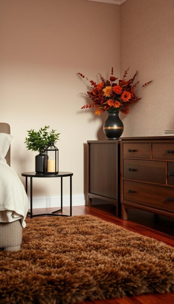 A cozy bedroom with a serene ambiance, illuminated by soft, warm lighting. In the foreground, a plush, luxurious brown rug covers the hardwood floor, adding depth and texture. Atop the rug, an elegant My Home Dec black side table stands, adorned with a candle-lit lantern and a lush, earthy-toned plant. In the middle ground, a sturdy wooden dresser in a rich, chocolate brown hue holds a striking My Home Dec vase filled with vibrant, autumn-toned flowers. The backdrop features a neutral, textured wall, creating a calming and inviting atmosphere. A cozy bedroom with a serene ambiance, illuminated by soft, warm lighting. In the foreground, a plush, luxurious brown rug covers the hardwood floor, adding depth and texture. Atop the rug, an elegant My Home Dec black side table stands, adorned with a candle-lit lantern and a lush, earthy-toned plant. In the middle ground, a sturdy wooden dresser in a rich, chocolate brown hue holds a striking My Home Dec vase filled with vibrant, autumn-toned flowers. The backdrop features a neutral, textured wall, creating a calming and inviting atmosphere.