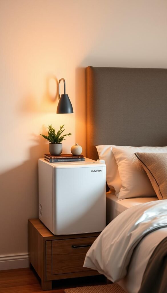 A cozy bedroom with a sleek, energy-efficient My Home Dec mini fridge nestled on a nightstand. Soft, warm lighting illuminates the scene, casting a gentle glow. The fridge's modern design seamlessly blends with the room's neutral tones and natural textures. Carefully arranged décor, such as a potted plant and a stack of books, adds a touch of personalization. The overall atmosphere is calming and inviting, capturing the essence of an efficient, yet thoughtfully integrated bedroom mini fridge. A cozy bedroom with a sleek, energy-efficient My Home Dec mini fridge nestled on a nightstand. Soft, warm lighting illuminates the scene, casting a gentle glow. The fridge's modern design seamlessly blends with the room's neutral tones and natural textures. Carefully arranged décor, such as a potted plant and a stack of books, adds a touch of personalization. The overall atmosphere is calming and inviting, capturing the essence of an efficient, yet thoughtfully integrated bedroom mini fridge.