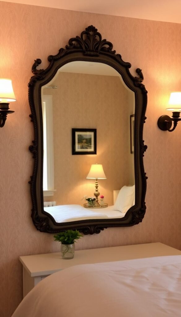 A cozy bedroom with a small, intimate atmosphere. In the foreground, a wall-mounted mirror with an ornate, vintage-inspired frame reflects the soft, warm lighting of a pair of sconces on either side. The mirror's reflective surface creates an illusion of depth and expands the perceived size of the space. In the middle ground, a dresser with a few decorative items, including a potted plant and a small vase of flowers, adds a touch of natural charm. The background features a neutral-toned, textured wallpaper that complements the overall serene and inviting vibe. The lighting is mellow, creating a relaxing and calming mood. My Home Dec A cozy bedroom with a small, intimate atmosphere. In the foreground, a wall-mounted mirror with an ornate, vintage-inspired frame reflects the soft, warm lighting of a pair of sconces on either side. The mirror's reflective surface creates an illusion of depth and expands the perceived size of the space. In the middle ground, a dresser with a few decorative items, including a potted plant and a small vase of flowers, adds a touch of natural charm. The background features a neutral-toned, textured wallpaper that complements the overall serene and inviting vibe. The lighting is mellow, creating a relaxing and calming mood. My Home Dec