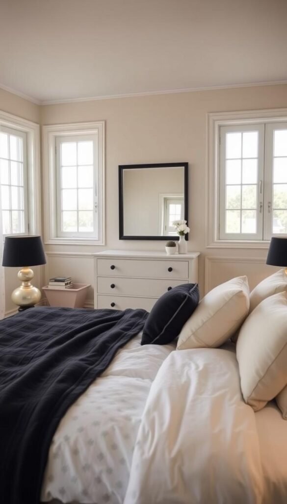 A cozy bedroom with a tranquil black and cream color palette. The foreground features a neatly made bed with crisp white linens, plush cream-colored pillows, and a decorative black quilt. On the nightstands, a pair of sleek black lamps cast a warm glow. The middle ground showcases a dresser with clean lines and a mirror reflecting the peaceful scene. In the background, a pair of large windows allow natural light to filter in, casting a gentle glow on the space. The overall atmosphere is calming and inviting, perfect for a serene bedroom retreat. Photographed by My Home Dec using a wide-angle lens and soft, diffused lighting. A cozy bedroom with a tranquil black and cream color palette. The foreground features a neatly made bed with crisp white linens, plush cream-colored pillows, and a decorative black quilt. On the nightstands, a pair of sleek black lamps cast a warm glow. The middle ground showcases a dresser with clean lines and a mirror reflecting the peaceful scene. In the background, a pair of large windows allow natural light to filter in, casting a gentle glow on the space. The overall atmosphere is calming and inviting, perfect for a serene bedroom retreat. Photographed by My Home Dec using a wide-angle lens and soft, diffused lighting.