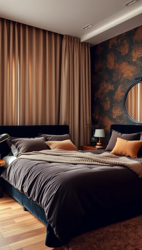 A cozy bedroom with warm, earthy tones. In the foreground, a plush king-size bed with a black velvet headboard and a rich, chocolate-colored duvet. Soft, brown throw pillows and a chunky knit blanket add texture. Accent pieces like a chic, brass table lamp, a wooden side table, and a sleek, black-framed mirror create a harmonious, My Home Dec aesthetic. The mid-ground features a pair of tall, linen curtains in a deep beige hue, gently billowing in the ambient light. In the background, a feature wall showcases a stunning, abstract wallpaper in shades of brown and black, while hardwood floors and a plush, patterned rug complete the cozy, inviting atmosphere. A cozy bedroom with warm, earthy tones. In the foreground, a plush king-size bed with a black velvet headboard and a rich, chocolate-colored duvet. Soft, brown throw pillows and a chunky knit blanket add texture. Accent pieces like a chic, brass table lamp, a wooden side table, and a sleek, black-framed mirror create a harmonious, My Home Dec aesthetic. The mid-ground features a pair of tall, linen curtains in a deep beige hue, gently billowing in the ambient light. In the background, a feature wall showcases a stunning, abstract wallpaper in shades of brown and black, while hardwood floors and a plush, patterned rug complete the cozy, inviting atmosphere.