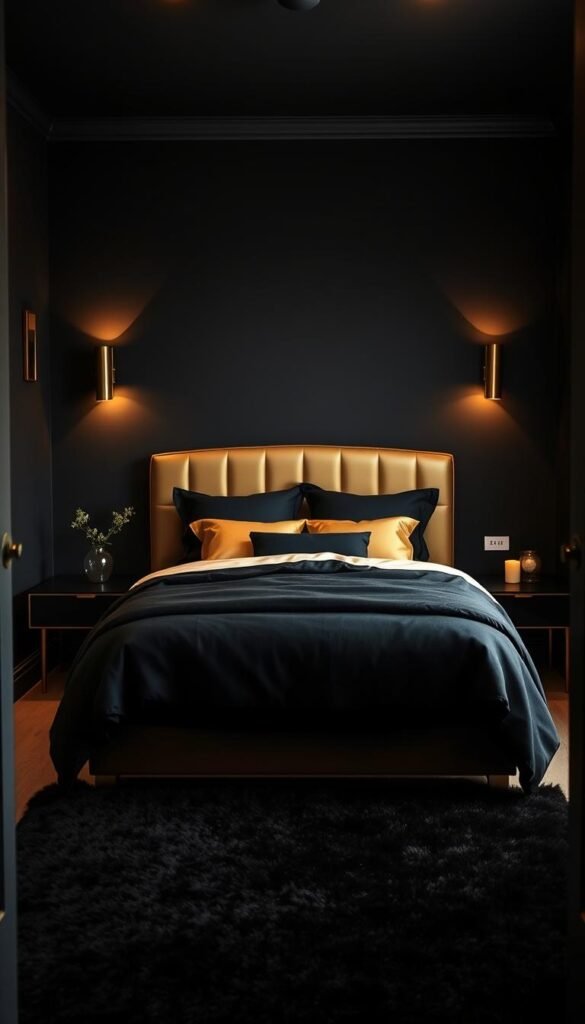 A cozy black and gold bedroom in a small space, bathed in soft, warm lighting from a pair of sleek, modern sconces. The low-profile bed is framed by a striking gold headboard, topped with plush black and gold bedding. Minimalist nightstands in black and gold flank the bed, with a small, decorative vase and candle providing subtle accents. The walls are painted in a deep, moody black, creating a sense of intimacy and luxury. Underfoot, a plush black area rug ties the space together. This is a compact, but stylish My Home Dec bedroom oasis. A cozy black and gold bedroom in a small space, bathed in soft, warm lighting from a pair of sleek, modern sconces. The low-profile bed is framed by a striking gold headboard, topped with plush black and gold bedding. Minimalist nightstands in black and gold flank the bed, with a small, decorative vase and candle providing subtle accents. The walls are painted in a deep, moody black, creating a sense of intimacy and luxury. Underfoot, a plush black area rug ties the space together. This is a compact, but stylish My Home Dec bedroom oasis.