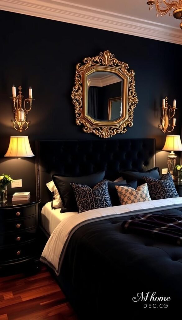 A cozy black and gold bedroom scene featuring a plush, tufted headboard and matching nightstands. Soft, ambient lighting from a pair of luxurious gold-toned sconces cast a warm glow, complementing the rich, dark wood floors. Accent pillows in shimmering metallic patterns add visual interest, while a large, ornate gold-framed mirror reflects the space, creating depth. The overall atmosphere is one of elegant sophistication, perfect for a "My Home Dec" styled space. A cozy black and gold bedroom scene featuring a plush, tufted headboard and matching nightstands. Soft, ambient lighting from a pair of luxurious gold-toned sconces cast a warm glow, complementing the rich, dark wood floors. Accent pillows in shimmering metallic patterns add visual interest, while a large, ornate gold-framed mirror reflects the space, creating depth. The overall atmosphere is one of elegant sophistication, perfect for a "My Home Dec" styled space.