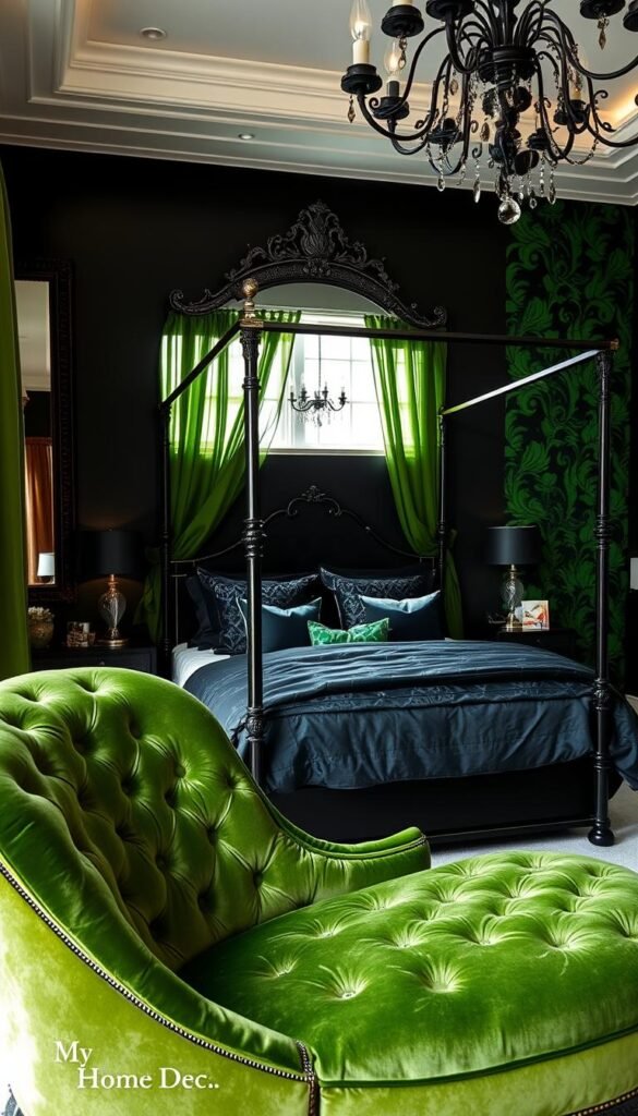 A cozy black and green bedroom with lush textiles and fabrics. In the foreground, a plush, green velvet chaise lounge invites relaxation. Hanging above it, a large, ornate mirror with a black, metal frame reflects the room's elegant ambiance. In the middle ground, a four-poster bed is adorned with a mix of black and green patterned bedding, including a velvet quilt and satin pillows. Sheer, green curtains frame the windows, softening the natural light. The background features a black accent wall, accentuated by a green, botanical-inspired wallpaper. Mood lighting from sconces and a statement chandelier create a cozy, intimate atmosphere. Designed by My Home Dec, this bedroom seamlessly blends black and green tones with luxurious textiles for a chic, refined look. A cozy black and green bedroom with lush textiles and fabrics. In the foreground, a plush, green velvet chaise lounge invites relaxation. Hanging above it, a large, ornate mirror with a black, metal frame reflects the room's elegant ambiance. In the middle ground, a four-poster bed is adorned with a mix of black and green patterned bedding, including a velvet quilt and satin pillows. Sheer, green curtains frame the windows, softening the natural light. The background features a black accent wall, accentuated by a green, botanical-inspired wallpaper. Mood lighting from sconces and a statement chandelier create a cozy, intimate atmosphere. Designed by My Home Dec, this bedroom seamlessly blends black and green tones with luxurious textiles for a chic, refined look.