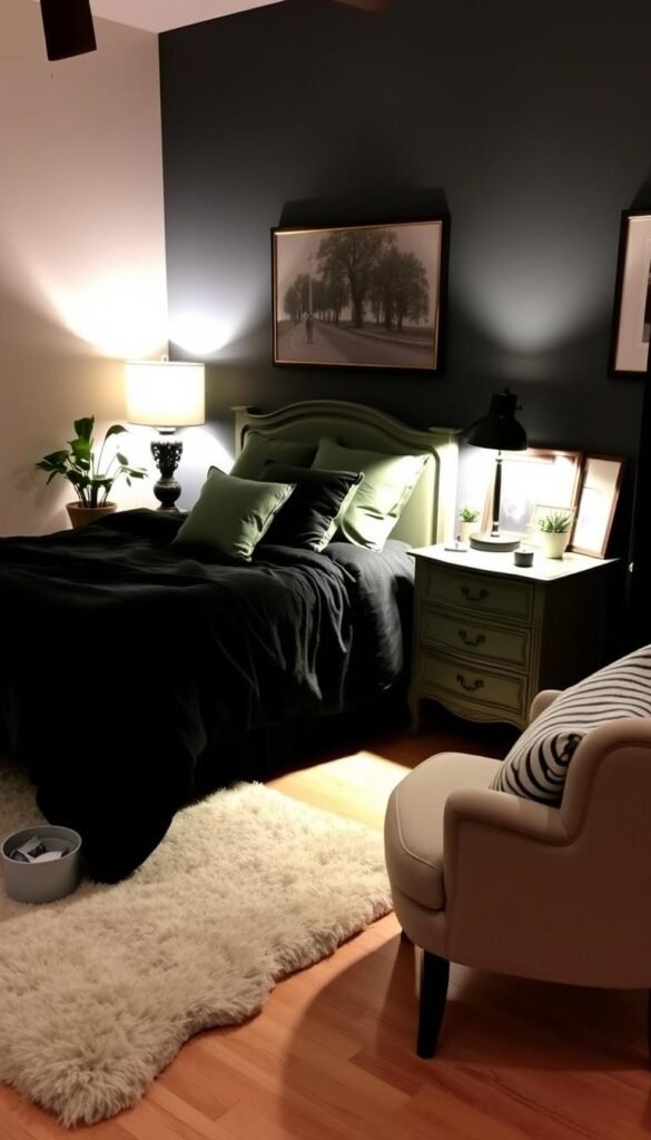 A cozy black and green bedroom with personal touches that make it truly your own. Soft lighting illuminates a plush, jewel-toned bedspread and matching throw pillows. A vintage-inspired nightstand and a sleek My Home Dec lamp create a harmonious blend of old and new. In the corner, a potted plant and framed art add natural elements, while a fluffy rug and a comfortable armchair invite relaxation. The overall atmosphere is one of warmth, sophistication, and a touch of whimsy, reflecting the homeowner's unique style. A cozy black and green bedroom with personal touches that make it truly your own. Soft lighting illuminates a plush, jewel-toned bedspread and matching throw pillows. A vintage-inspired nightstand and a sleek My Home Dec lamp create a harmonious blend of old and new. In the corner, a potted plant and framed art add natural elements, while a fluffy rug and a comfortable armchair invite relaxation. The overall atmosphere is one of warmth, sophistication, and a touch of whimsy, reflecting the homeowner's unique style.