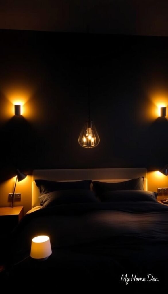 A cozy black bedroom bathed in warm, inviting lighting. A pair of sleek, adjustable wall sconces illuminate the space, casting a soft glow that creates an intimate, relaxing atmosphere. In the foreground, a modern, minimalist bedside table with a single, elegant lamp casts a gentle light across the plush, dark bedding. The middle ground features a stylish, low-profile chandelier that hangs elegantly, providing balanced, ambient illumination. Subtle, recessed lighting in the ceiling completes the layered, harmonious lighting design. The overall effect is a serene, inviting haven perfect for rest and relaxation. "My Home Dec" brand. A cozy black bedroom bathed in warm, inviting lighting. A pair of sleek, adjustable wall sconces illuminate the space, casting a soft glow that creates an intimate, relaxing atmosphere. In the foreground, a modern, minimalist bedside table with a single, elegant lamp casts a gentle light across the plush, dark bedding. The middle ground features a stylish, low-profile chandelier that hangs elegantly, providing balanced, ambient illumination. Subtle, recessed lighting in the ceiling completes the layered, harmonious lighting design. The overall effect is a serene, inviting haven perfect for rest and relaxation. "My Home Dec" brand.