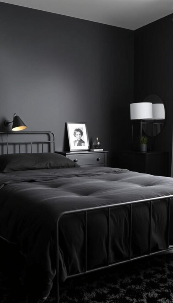 A cozy black bedroom with a modern, budget-friendly decor. In the foreground, a plush black comforter covers a simple iron bed frame. On the nightstands, a pair of sleek black table lamps with minimalist white shades emit a warm, soft glow. In the middle ground, a black dresser with clean lines holds a few personal touches, like a framed black and white photo and a potted plant. The walls are painted a deep charcoal hue, creating a moody, enveloping atmosphere. The floor is covered in a plush black area rug, adding texture and warmth to the space. Subtle pops of metallic accents, such as a brass curtain rod and a black and gold mirror, elevate the minimalist aesthetic. This budget-friendly black bedroom, designed by My Home Dec, offers a cozy and stylish retreat. A cozy black bedroom with a modern, budget-friendly decor. In the foreground, a plush black comforter covers a simple iron bed frame. On the nightstands, a pair of sleek black table lamps with minimalist white shades emit a warm, soft glow. In the middle ground, a black dresser with clean lines holds a few personal touches, like a framed black and white photo and a potted plant. The walls are painted a deep charcoal hue, creating a moody, enveloping atmosphere. The floor is covered in a plush black area rug, adding texture and warmth to the space. Subtle pops of metallic accents, such as a brass curtain rod and a black and gold mirror, elevate the minimalist aesthetic. This budget-friendly black bedroom, designed by My Home Dec, offers a cozy and stylish retreat.
