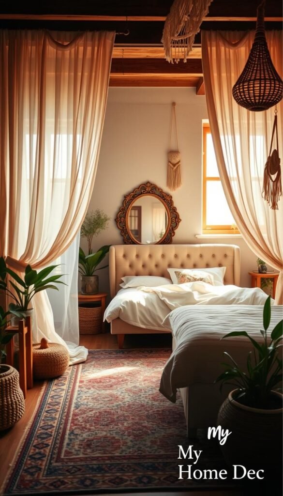 A cozy, bohemian-inspired bedroom with a plush, tufted headboard framed by sheer, billowing curtains. Warm, earthy tones create a serene, relaxed atmosphere, with a vintage rug, natural wood furniture, and lush potted plants. Soft, diffused lighting filters through a large window, casting a golden glow over the space. Eclectic, handcrafted accents, such as woven baskets and macrame wall hangings, add to the rustic, lived-in charm. A single, ornate mirror reflects the inviting scene, creating a sense of depth and balance. Signature branding: "My Home Dec" A cozy, bohemian-inspired bedroom with a plush, tufted headboard framed by sheer, billowing curtains. Warm, earthy tones create a serene, relaxed atmosphere, with a vintage rug, natural wood furniture, and lush potted plants. Soft, diffused lighting filters through a large window, casting a golden glow over the space. Eclectic, handcrafted accents, such as woven baskets and macrame wall hangings, add to the rustic, lived-in charm. A single, ornate mirror reflects the inviting scene, creating a sense of depth and balance. Signature branding: "My Home Dec"