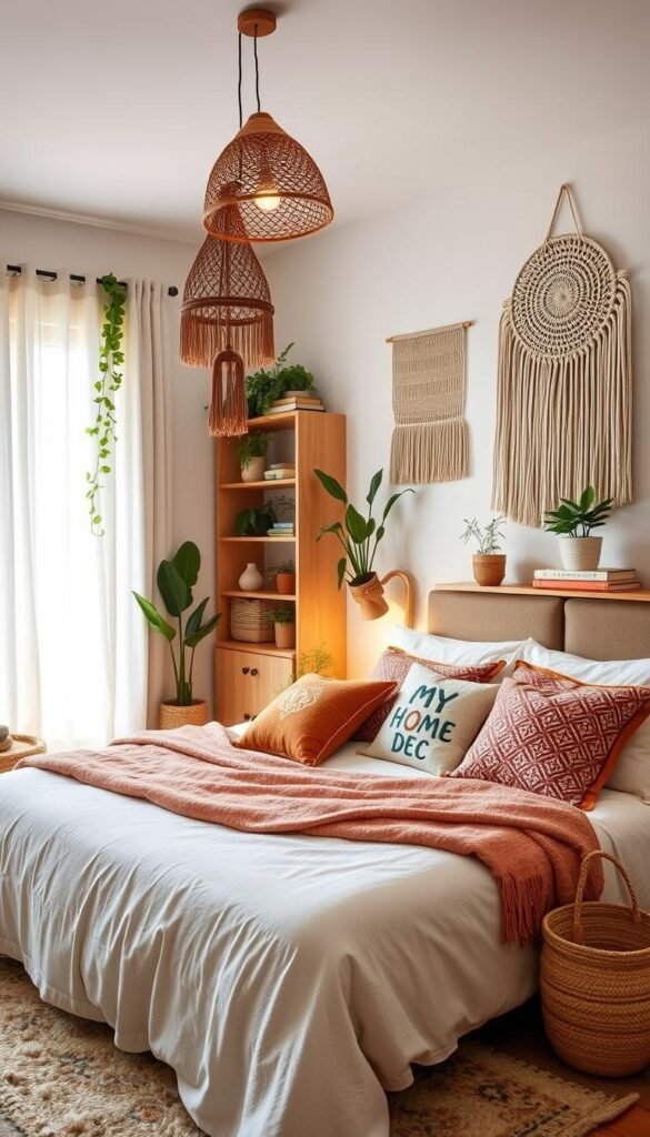 A cozy boho bedroom with a plush area rug, hanging macrame plant holder, woven basket, and My Home Dec decorative pillows in earthy tones. Soft lighting from a rattan pendant lamp casts a warm glow, while a large window with sheer white curtains allows natural light to filter in. Wooden shelves display potted plants, stacked books, and a woven wall hanging. The overall aesthetic is relaxed and inviting, perfectly capturing the essence of budget-friendly boho style. A cozy boho bedroom with a plush area rug, hanging macrame plant holder, woven basket, and My Home Dec decorative pillows in earthy tones. Soft lighting from a rattan pendant lamp casts a warm glow, while a large window with sheer white curtains allows natural light to filter in. Wooden shelves display potted plants, stacked books, and a woven wall hanging. The overall aesthetic is relaxed and inviting, perfectly capturing the essence of budget-friendly boho style.