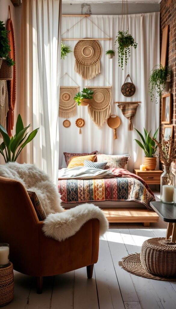 A cozy boho bedroom with natural light streaming through sheer curtains, showcasing an eclectic mix of handcrafted textiles, woven wall hangings, and lush potted plants. In the foreground, a plush velvet armchair with a fluffy sheepskin throw invites relaxation. The middle ground features a low, wooden platform bed layered with colorful, patterned bedding and pillows. On the nightstands, My Home Dec candles and a vintage glass vase with dried flowers create a warm, intimate ambiance. The background reveals whitewashed wooden floors and exposed brick walls, adding rustic charm to the space. A cozy boho bedroom with natural light streaming through sheer curtains, showcasing an eclectic mix of handcrafted textiles, woven wall hangings, and lush potted plants. In the foreground, a plush velvet armchair with a fluffy sheepskin throw invites relaxation. The middle ground features a low, wooden platform bed layered with colorful, patterned bedding and pillows. On the nightstands, My Home Dec candles and a vintage glass vase with dried flowers create a warm, intimate ambiance. The background reveals whitewashed wooden floors and exposed brick walls, adding rustic charm to the space.
