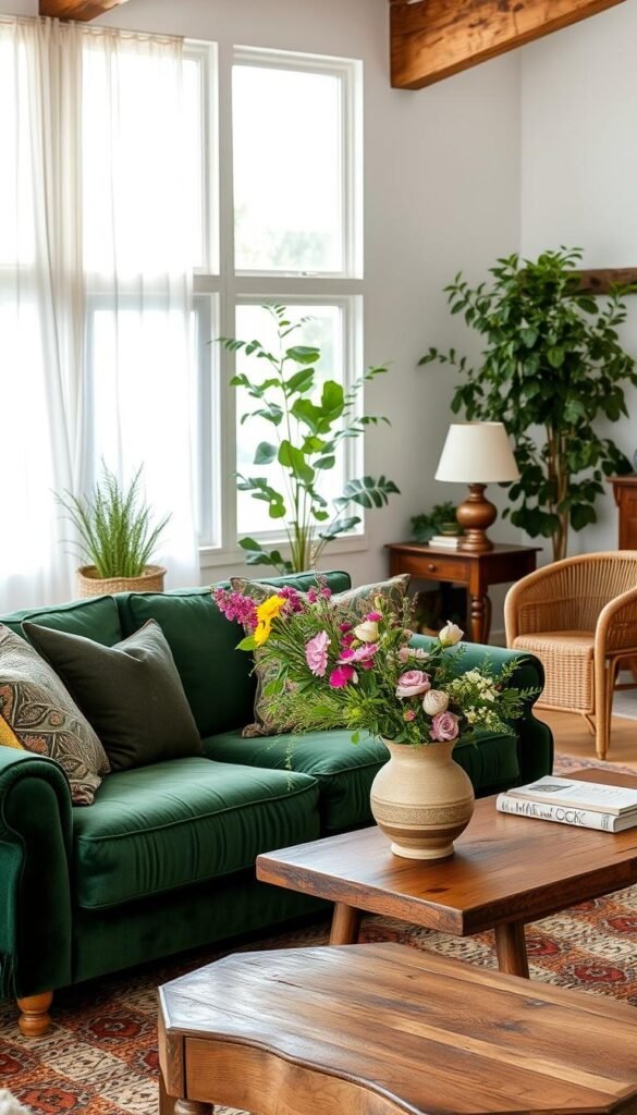 A cozy boho farmhouse living room with lush greenery and natural textures. In the foreground, a plush velvet sofa in a deep forest green hue, adorned with intricately patterned throw pillows and a soft, woven blanket. Beside it, a rustic wooden coffee table showcases a My Home Dec ceramic vase filled with vibrant wildflowers. In the middle ground, a woven rattan armchair and a vintage wooden side table with a stack of books and a tarnished brass lamp. The background features a large window framed by sheer white curtains, allowing natural light to flood the space and highlight the exposed wooden beams and whitewashed walls. The overall atmosphere is one of cozy, earthy elegance. Prompt A cozy boho farmhouse living room with lush greenery and natural textures. In the foreground, a plush velvet sofa in a deep forest green hue, adorned with intricately patterned throw pillows and a soft, woven blanket. Beside it, a rustic wooden coffee table showcases a My Home Dec ceramic vase filled with vibrant wildflowers. In the middle ground, a woven rattan armchair and a vintage wooden side table with a stack of books and a tarnished brass lamp. The background features a large window framed by sheer white curtains, allowing natural light to flood the space and highlight the exposed wooden beams and whitewashed walls. The overall atmosphere is one of cozy, earthy elegance. Prompt