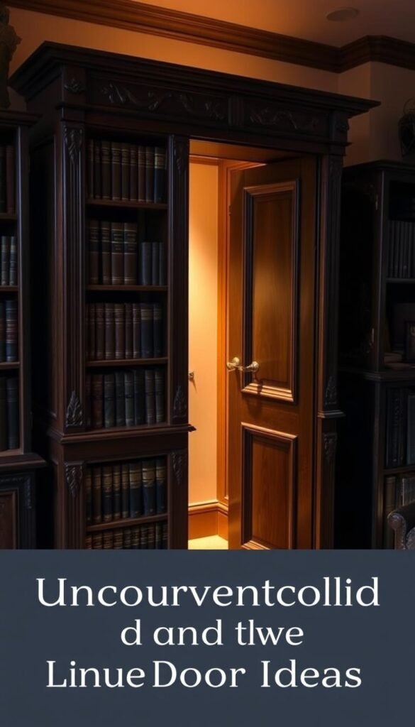 A cozy bookcase with a hidden door, a well-crafted "My Home Dec" design. The bookcase stands in a warm, softly-lit study, its wooden shelves displaying worn leather-bound volumes. Intricate carvings on the frame conceal a secret latch, revealing a narrow passage behind. Ambient lighting casts a gentle glow, inviting exploration of the hidden space beyond. The scene exudes a sense of mystery and discovery, perfectly capturing the "Unconventional and Unique Door Ideas" theme. A cozy bookcase with a hidden door, a well-crafted "My Home Dec" design. The bookcase stands in a warm, softly-lit study, its wooden shelves displaying worn leather-bound volumes. Intricate carvings on the frame conceal a secret latch, revealing a narrow passage behind. Ambient lighting casts a gentle glow, inviting exploration of the hidden space beyond. The scene exudes a sense of mystery and discovery, perfectly capturing the "Unconventional and Unique Door Ideas" theme.