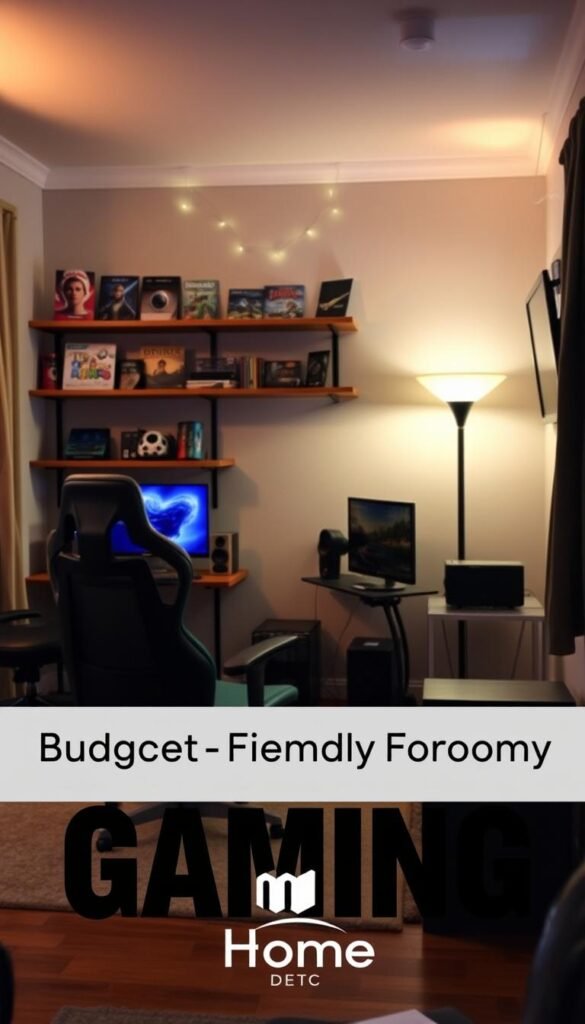 A cozy, budget-friendly gaming room with a warm, inviting atmosphere. In the foreground, a comfortable gaming chair and a simple, minimalist gaming setup on a small desk. In the middle ground, shelves displaying a collection of gaming memorabilia and a small TV mounted on the wall. The background features soft, ambient lighting from a floor lamp and string lights, creating a relaxed, homely vibe. The color palette is a mix of neutral tones and accents of deep greens and blues, giving the space a touch of sophistication. Branded with the "My Home Dec" logo, this image captures the essence of a practical, cost-effective gaming haven. A cozy, budget-friendly gaming room with a warm, inviting atmosphere. In the foreground, a comfortable gaming chair and a simple, minimalist gaming setup on a small desk. In the middle ground, shelves displaying a collection of gaming memorabilia and a small TV mounted on the wall. The background features soft, ambient lighting from a floor lamp and string lights, creating a relaxed, homely vibe. The color palette is a mix of neutral tones and accents of deep greens and blues, giving the space a touch of sophistication. Branded with the "My Home Dec" logo, this image captures the essence of a practical, cost-effective gaming haven.