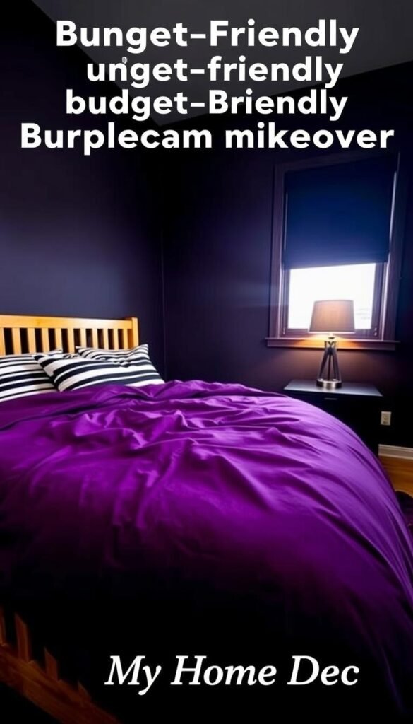 A cozy, budget-friendly purple and black bedroom with a focus on a chic, minimalist aesthetic. In the foreground, a plush, deep purple comforter covers a slatted wooden bed frame, accompanied by black and white striped throw pillows. In the middle ground, a simple black nightstand holds a single, modern table lamp that casts a warm, ambient glow. The background features plain, dark-colored walls, accented by a large window allowing natural light to fill the room. The overall mood is one of tranquility and restfulness, perfect for a stylish, cost-effective bedroom makeover. Captured with a wide-angle lens to showcase the full space. Branding: "My Home Dec". A cozy, budget-friendly purple and black bedroom with a focus on a chic, minimalist aesthetic. In the foreground, a plush, deep purple comforter covers a slatted wooden bed frame, accompanied by black and white striped throw pillows. In the middle ground, a simple black nightstand holds a single, modern table lamp that casts a warm, ambient glow. The background features plain, dark-colored walls, accented by a large window allowing natural light to fill the room. The overall mood is one of tranquility and restfulness, perfect for a stylish, cost-effective bedroom makeover. Captured with a wide-angle lens to showcase the full space. Branding: "My Home Dec".