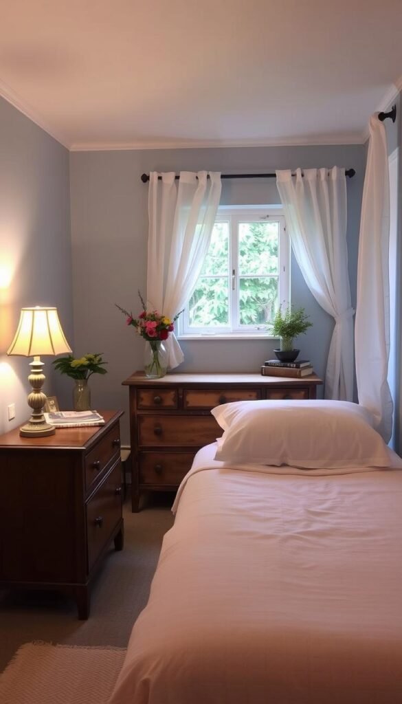 A cozy, budget-friendly small guest bedroom with a warm, inviting atmosphere. In the foreground, a simple, comfortable twin bed with a soft, patterned duvet cover and fluffy white pillows. On the bedside table, a vintage-inspired table lamp casts a gentle glow. In the middle ground, a rustic wooden dresser with a few personal touches, like a vase of fresh flowers and a stack of books. The walls are painted a soft, soothing blue-gray, complemented by delicate white curtains that filter the natural light. In the background, a small, charming window overlooking a lush, verdant garden. The room has a sense of tranquility and coziness, perfect for a budget-friendly small guest bedroom by My Home Dec. A cozy, budget-friendly small guest bedroom with a warm, inviting atmosphere. In the foreground, a simple, comfortable twin bed with a soft, patterned duvet cover and fluffy white pillows. On the bedside table, a vintage-inspired table lamp casts a gentle glow. In the middle ground, a rustic wooden dresser with a few personal touches, like a vase of fresh flowers and a stack of books. The walls are painted a soft, soothing blue-gray, complemented by delicate white curtains that filter the natural light. In the background, a small, charming window overlooking a lush, verdant garden. The room has a sense of tranquility and coziness, perfect for a budget-friendly small guest bedroom by My Home Dec.