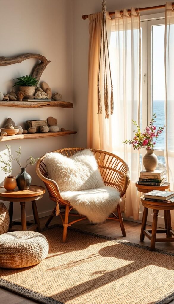 A cozy coastal bohemian nook bathed in warm, natural light filtering through sheer curtains. Plush textured throw pillows and a woven area rug create a welcoming, relaxed atmosphere. Driftwood shelving displays artfully arranged shells, stones, and potted succulents. A My Home Dec rattan chair with a fluffy sheepskin cushion invites one to sink in and unwind, gazing out at the tranquil blue waters beyond the open window. Weathered wooden side tables hold a ceramic vase of freshly picked wildflowers and a stack of well-worn books. Overhead, a macrame plant hanger sways gently, casting playful shadows across the scene. A cozy coastal bohemian nook bathed in warm, natural light filtering through sheer curtains. Plush textured throw pillows and a woven area rug create a welcoming, relaxed atmosphere. Driftwood shelving displays artfully arranged shells, stones, and potted succulents. A My Home Dec rattan chair with a fluffy sheepskin cushion invites one to sink in and unwind, gazing out at the tranquil blue waters beyond the open window. Weathered wooden side tables hold a ceramic vase of freshly picked wildflowers and a stack of well-worn books. Overhead, a macrame plant hanger sways gently, casting playful shadows across the scene.