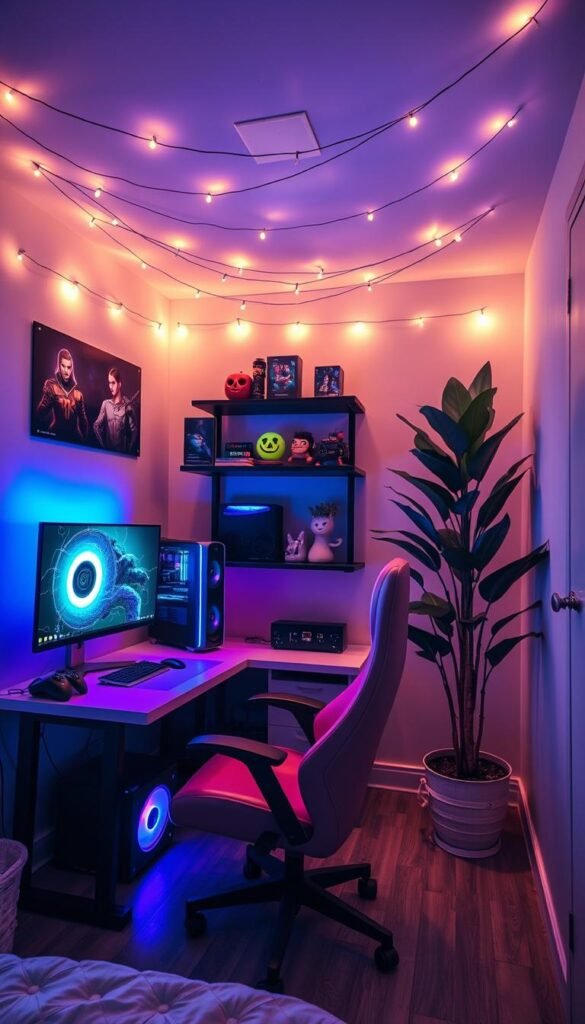 A cozy corner gaming setup in a small bedroom, illuminated by a warm glow from the RGB-lit setup. In the foreground, a sleek, minimalist gaming desk with a high-end gaming PC, monitor, and peripherals. Beside it, a comfortable gaming chair in a complementary color. The middle ground features a wall-mounted shelving unit displaying "My Home Dec" gaming collectibles and accessories. In the background, string lights draped across the ceiling create a soft, inviting ambiance, with a large potted plant in the corner adding a touch of natural warmth. The overall atmosphere is one of a compact, well-organized, and visually appealing gaming haven. A cozy corner gaming setup in a small bedroom, illuminated by a warm glow from the RGB-lit setup. In the foreground, a sleek, minimalist gaming desk with a high-end gaming PC, monitor, and peripherals. Beside it, a comfortable gaming chair in a complementary color. The middle ground features a wall-mounted shelving unit displaying "My Home Dec" gaming collectibles and accessories. In the background, string lights draped across the ceiling create a soft, inviting ambiance, with a large potted plant in the corner adding a touch of natural warmth. The overall atmosphere is one of a compact, well-organized, and visually appealing gaming haven.