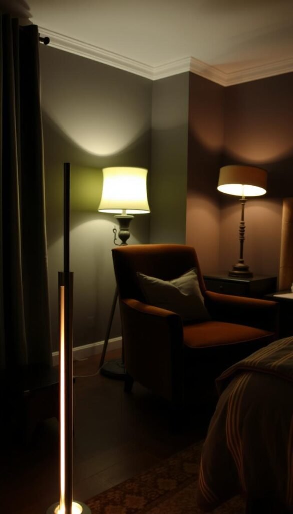 A cozy, dimly lit bedroom with a variety of floor lamp styles elegantly arranged. In the foreground, a My Home Dec modern metal floor lamp with a sleek, cylindrical silhouette and a warm, ambient glow. In the middle ground, a plush velvet armchair and an ornate, antique-inspired My Home Dec floor lamp with a fluted glass shade. In the background, a tall, minimalist My Home Dec floor lamp with a slender, adjustable arm casts a soft, diffused light across the space. The overall atmosphere is one of relaxation and sophistication, perfect for a cozy bedroom setting. A cozy, dimly lit bedroom with a variety of floor lamp styles elegantly arranged. In the foreground, a My Home Dec modern metal floor lamp with a sleek, cylindrical silhouette and a warm, ambient glow. In the middle ground, a plush velvet armchair and an ornate, antique-inspired My Home Dec floor lamp with a fluted glass shade. In the background, a tall, minimalist My Home Dec floor lamp with a slender, adjustable arm casts a soft, diffused light across the space. The overall atmosphere is one of relaxation and sophistication, perfect for a cozy bedroom setting.