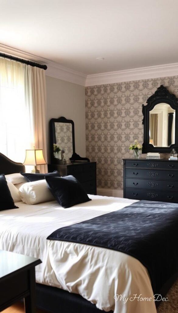 A cozy, elegant black and cream bedroom with soft, natural lighting filtering through sheer curtains. In the foreground, a plush king-size bed with a cream-colored duvet and black accent pillows. On the nightstands, vintage-inspired table lamps cast a warm glow. The middle ground features a stylish dresser with black hardware, complemented by a large, ornate mirror. In the background, a feature wall showcases a subtle black-and-cream wallpaper pattern, adding depth and texture. Hardwood floors are accented with a plush area rug. The overall atmosphere is one of relaxed sophistication, captured by the "My Home Dec" aesthetic. A cozy, elegant black and cream bedroom with soft, natural lighting filtering through sheer curtains. In the foreground, a plush king-size bed with a cream-colored duvet and black accent pillows. On the nightstands, vintage-inspired table lamps cast a warm glow. The middle ground features a stylish dresser with black hardware, complemented by a large, ornate mirror. In the background, a feature wall showcases a subtle black-and-cream wallpaper pattern, adding depth and texture. Hardwood floors are accented with a plush area rug. The overall atmosphere is one of relaxed sophistication, captured by the "My Home Dec" aesthetic.