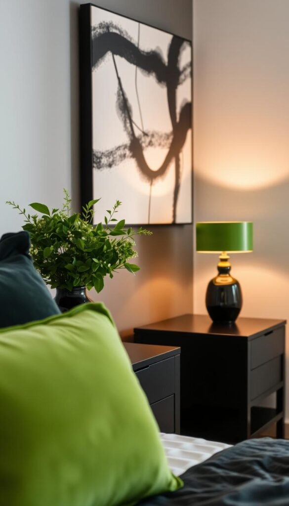 A cozy, elegant black and green bedroom with sleek, modern accessories from My Home Dec. In the foreground, a luxurious green velvet throw pillow and a black ceramic vase with lush greenery. In the middle, a stylish black bedside table with a minimalist green table lamp casting a warm, ambient glow. In the background, a black and white abstract canvas art piece hangs on the wall, complementing the color scheme. The lighting is soft and inviting, creating a serene, relaxing atmosphere perfect for a restful night's sleep. A cozy, elegant black and green bedroom with sleek, modern accessories from My Home Dec. In the foreground, a luxurious green velvet throw pillow and a black ceramic vase with lush greenery. In the middle, a stylish black bedside table with a minimalist green table lamp casting a warm, ambient glow. In the background, a black and white abstract canvas art piece hangs on the wall, complementing the color scheme. The lighting is soft and inviting, creating a serene, relaxing atmosphere perfect for a restful night's sleep.